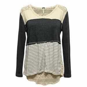 Poof! Boho Colorblock Striped Tunic Top with Lace Accents – Size Medium
